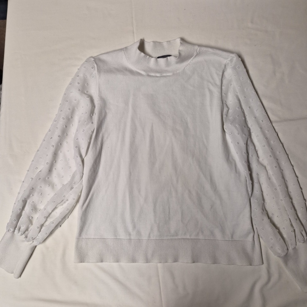 Vince Camuto White Mock Neck Sweater Swiss Dot Sheer Balloon Sleeve - Size M - Picture 1 of 3